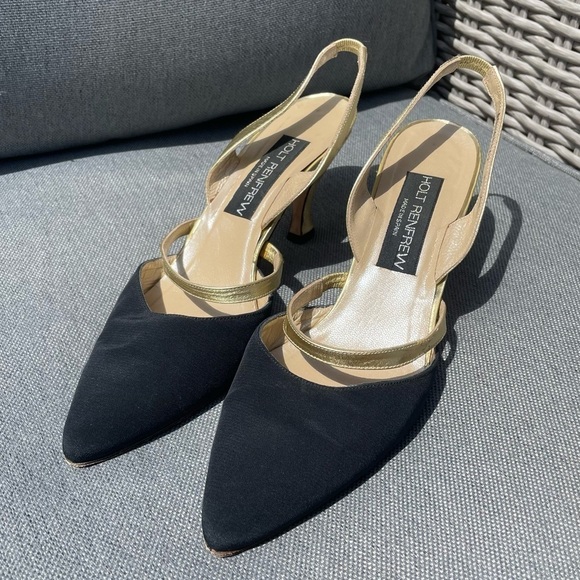 [8] Rare Vintage Holt Renfrew Black Canvas Closed Toed Kitten Heels Gold Straps - Picture 2 of 12